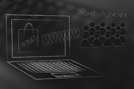 marketing segmentation and targeting conceptual illustration: laptop with the right audience popping out on a spring and product on the screenの写真素材