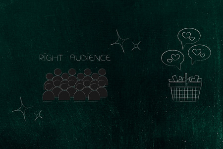 marketing segmentation and targeting conceptual illustration: the right audience next to full shopping basket with positive feedback on itの写真素材