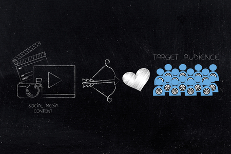 reaching the right customer conceptual illustration: social media content next to cupid bow and loveheart and target audienceの写真素材