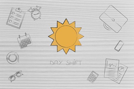 working day shift conceptual illustration: sun icon surrounded by mixed business objectsの写真素材