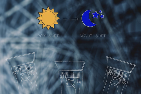 working shifts conceptual illustration: group of laptp users with sun and moon icons about day shift and night oneの写真素材