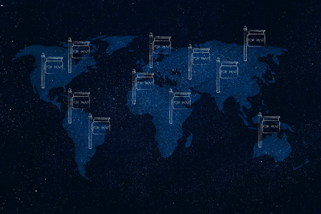 real estate market worldwide conceptual illustration: world map covered with For Rent panelsの写真素材