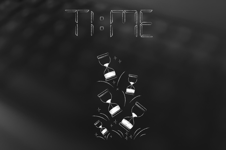 time and hurry conceptual illustration: word Time in digital watch style and group of falling hourglasses belowの写真素材