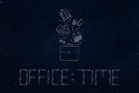 office time conceptual illustration: text in digital watch style and bag with groups of business objects flying out of itの写真素材
