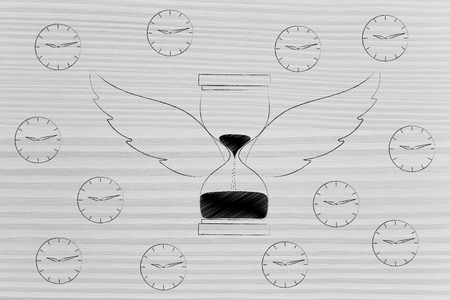 time flies conceptual illustration: houglass with wings surrounded by clocksの写真素材