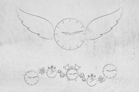 time flies conceptual illustration: clock with wings taking flight and group of others below itの写真素材