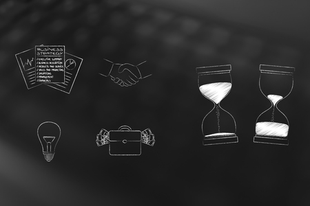 timing in business conceptual illustration: company and office-related icons next to before and after hourglasses depicting sand passing byの写真素材