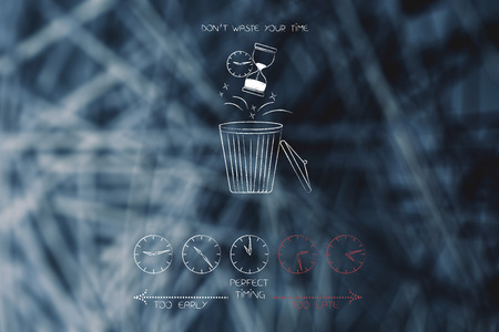 wasting time conceptual illustration: group of clock with time passing by and Too Late in red  with...