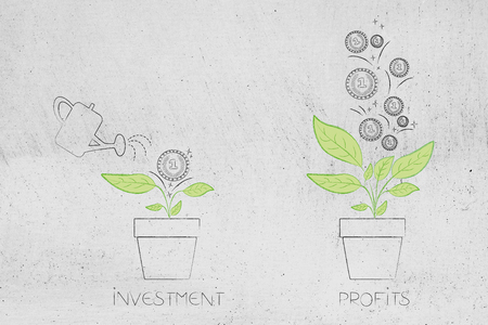 from initial investment to great profits conceptual illustration: man watering plant with one coin on it and many more coming out of itの写真素材