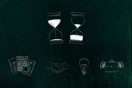 business timing conceptual illustration: hourglasses with before and after time passying with...