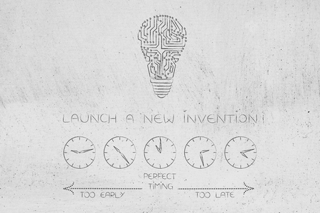 timing and business conceptual illustration: when to launch new inventions withmicrochip lightbulb and clocks depicting time passng by from too early to too lateの写真素材