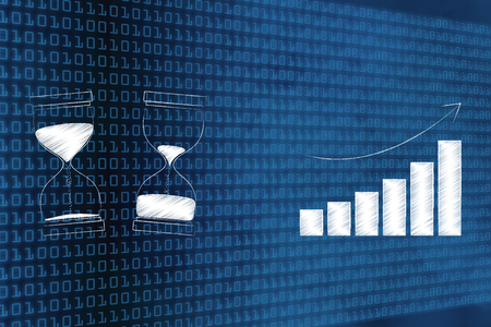 timing in business conceptual illustration: business growth graph next to before and after hourglasses depicting time passying byの写真素材
