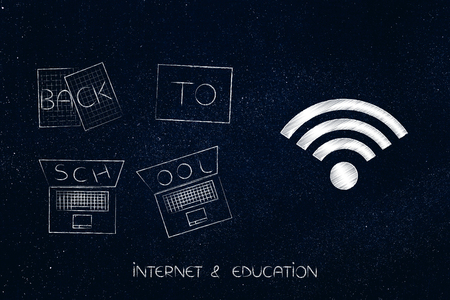 education and internet conceptual illustration: back to school books and laptops next to wifi iconの写真素材