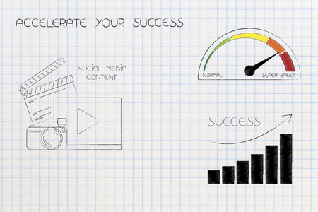 accelerate your online success conceptual illustration: social media content with speedometer and growth stats with positive performanceの写真素材
