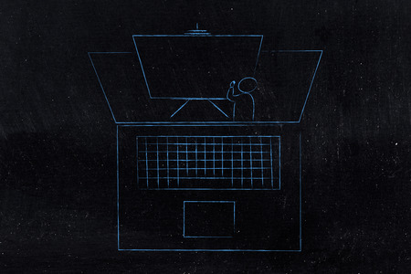 e-courses and online education conceptual illustration: laptop with teacher and blackboard popping out of the screen with copyspaceの写真素材
