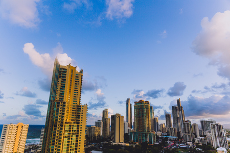 GOLD COAST, AUSTRALIA - January 6th, 2015: view of Surfers Paradise skyscrapers at duskのeditorial素材