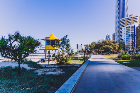 GOLD COAST, AUSTRALIA - January 6th, 2015: buildings in front of the beach in SUrfers Paradise along the main seaside walkのeditorial素材