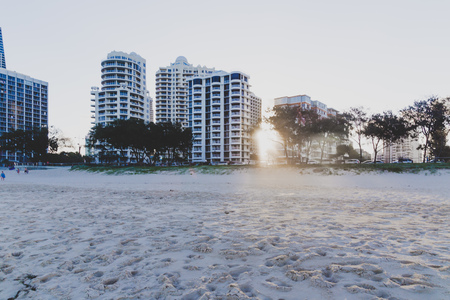 GOLD COAST, AUSTRALIA - January 16th, 2015: The beach in Surfers Paradise, Queensland with golden sand and skyscrapers overlooking the Pacific Oceanのeditorial素材