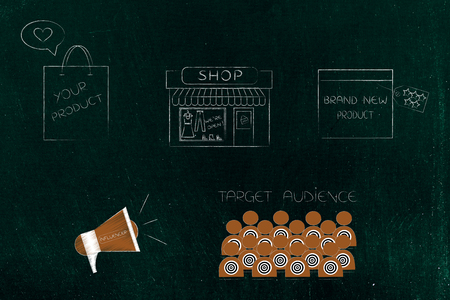 digital influencer marketing conceptual illustration: producs and store with megaphone and target audienceの写真素材