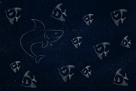 shark surrounded by smaller fish, concept of strength or danger and braveryの写真素材