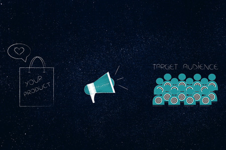 digital influencer marketing conceptual illustration: your product shopping bag next to megaphone and target audienceの写真素材