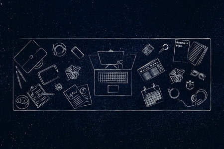 office life conceptual illustration: office items mixed up on desk with laptop and online presentation in the centreの写真素材