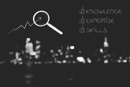 knowledge expertise and skills conceptual illustration: ticked off captions next to magnifying glass analsing statsの写真素材