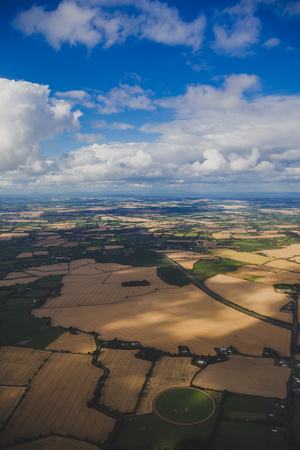 aerial view of Ireland with fields and meadows in dry conditions after the 2018 summer droughtの写真素材