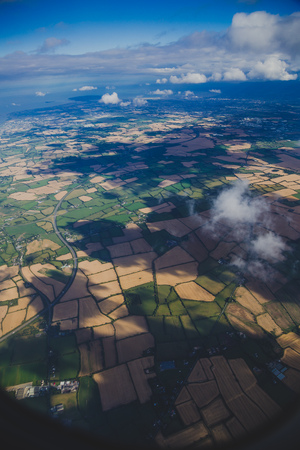 aerial view of Ireland with fields and meadows in dry conditions after the 2018 summer drought
