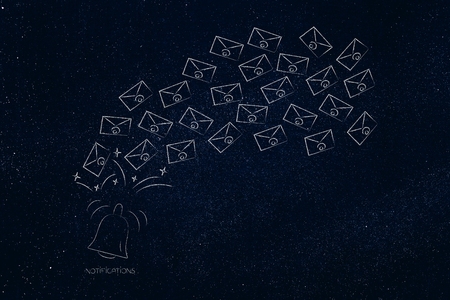 push notifications settings and marketing conceptual illustration: notification bell ringing with group of email envelopes coming from itの写真素材