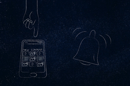 push notifications settings and marketing conceptual illustration: new content on smartphone screen with hand about to tap next to notification iconの写真素材