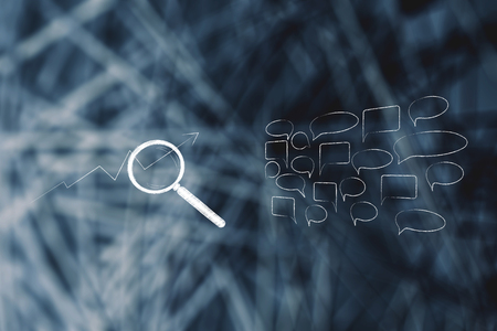 getting social media comments and audience feedback conceptual illustration: magnifying glass analysing stats next to group of comment speech bubblesの写真素材