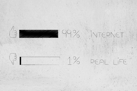 99 per cent internet 1 per cent real life conceptual illustration: bar with survey stats results and...
