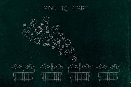 add to cart conceptual illustration: group of products flying into shopping basketsの写真素材