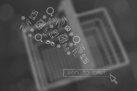 add to cart conceptual illustration: button and cursor with items being purchasedの写真素材