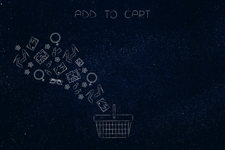 add to cart conceptual illustration: group of products flying into an empty shopping basketの写真素材