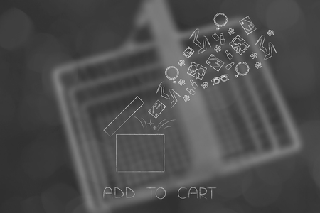 add to cart conceptual illustration: parcel with items purchased flying out of itの写真素材