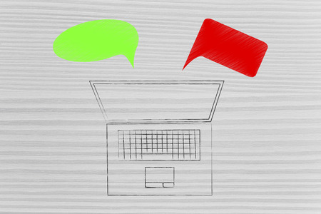 positivity and negativity conceptual illustration: laptop with green and red comments representing good and bad feedbackの写真素材