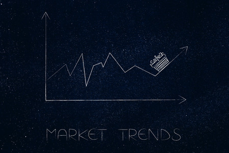 market trends conceptual illustration: stats graph with sales going up and shopping basket on top of the arrowの写真素材