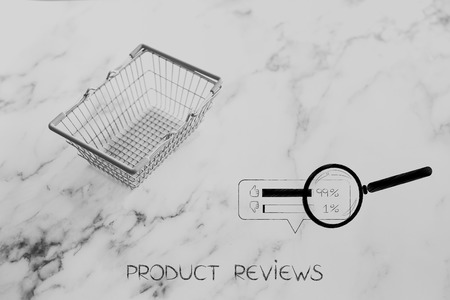 empty grocery store shopping basket on marble surface with customer feedback and magnifying glass next to itの写真素材