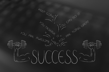 Success text with muscles holding dumbbells and motivational texts above itの写真素材
