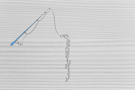 fishing rod catching the text Opportunity, metaphor of positive choicesの写真素材