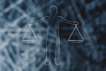 equilibrium conceptual illustration: person holding balance scale plates in perfectly balanced positionの写真素材