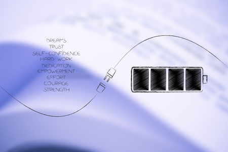 menatl health and positivity conceptual illustration: positive emotion and full energy battery with plug in between metaphorの写真素材