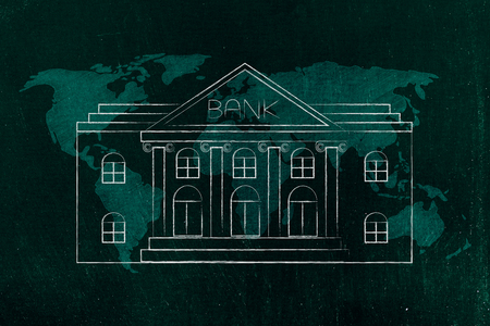 financial services conceptual illustration: bank building outline icon ver world map overlay concept of global bankingの写真素材