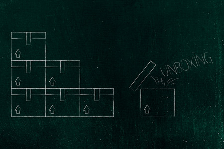 Shipping and handling conceptual illustration: piles of parcels and one delivery with the word...