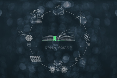 green economy conceptual illustration: corporate green agenda surrounded by ecology-related iconsの写真素材