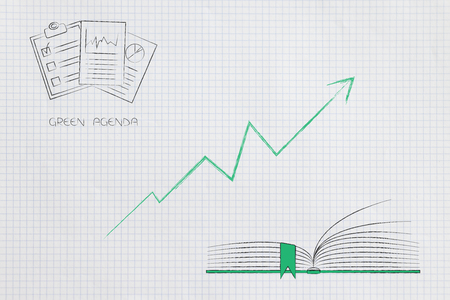 green economy conceptual illustration: green agenda documents and book with stats going upの写真素材
