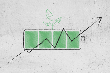 green economy conceptual illustration: green energy battery with leaves icons growing out of it and stats going upの写真素材