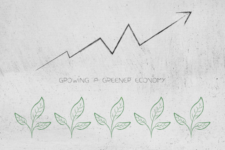 growing a greener economy conceptual illustration: line of leaves icons and positive stats going up above themの写真素材